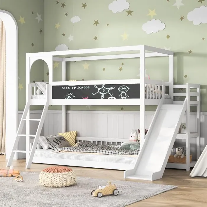 Lit superposé 90x200cm pour enfant - lit 2 places avec étagères, toboggan, tableau noir, échelles - blanc-0