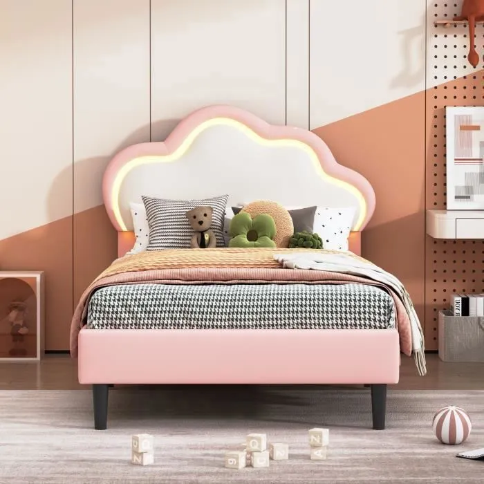 Lit enfant 90x200cm - Simili cuir - Rose - Tête de lit nuage LED - Rembourré - 1 place-1