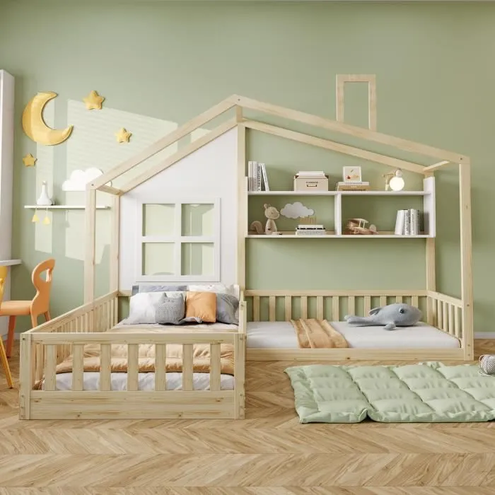 Lit cabane - Enfant - 90x200cm - Bois massif - 2 places - Avec étagères-0