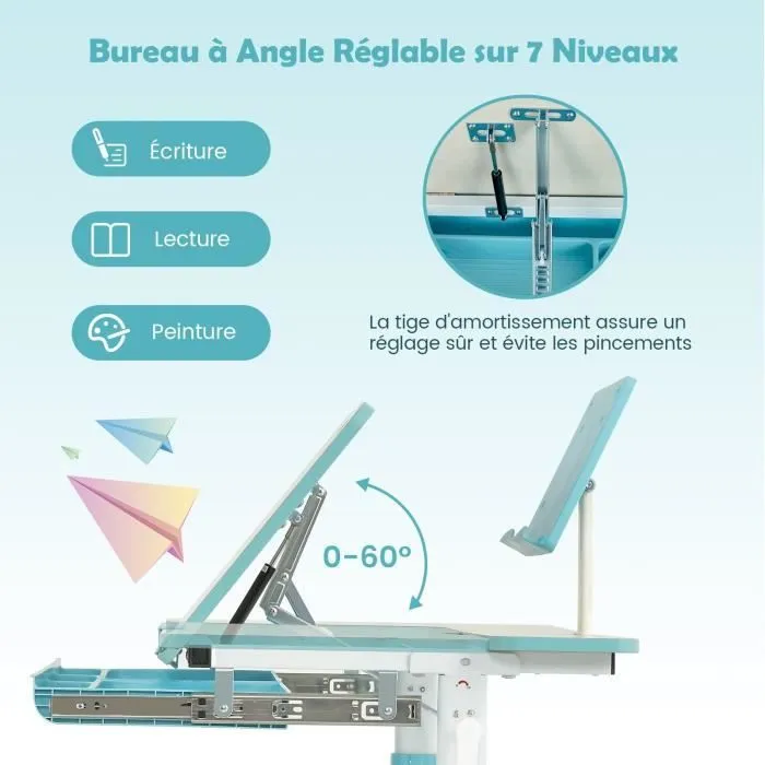 COSTWAY Bureau pour Enfant 3-12 ans - Réglable en Hauteur 51-73 cm & Plateau Inclinable 0-60°- avec Support de Livre & Tiroir, Bleu-2