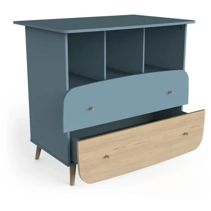 Ens. lit bébé 70 x 140 Kit évolutif, commode 2 tiroirs 3, niches et 1 plan à langer, 1 armoire - FIRMIANA - Bleu / bois - DEMEYERE-7