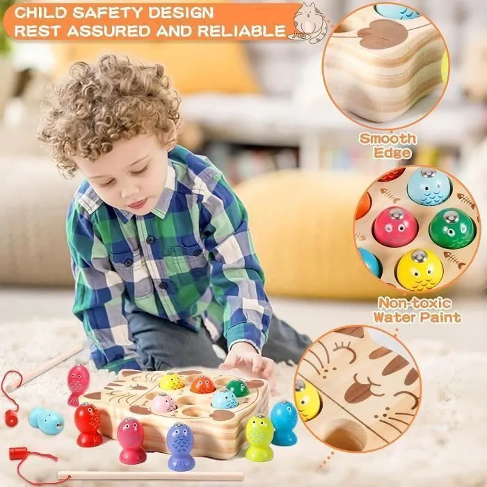 100 PACK Jouets en Bois Jeu de pêche, GENOSSEN Jeux Montessori,,Jeux Magnetique Enfant,Cadeau Garçon Fille,Jeux Enfants Cadeau-1