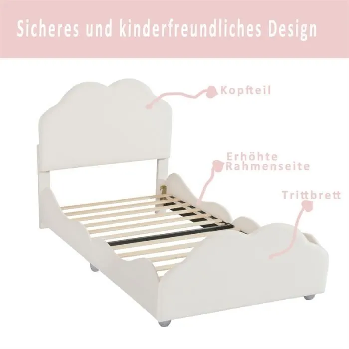 Lit enfant - DREAMMESPACE - Modèle nuage - 90 x 200 cm - Velours beige - Capacité 150 kg-3