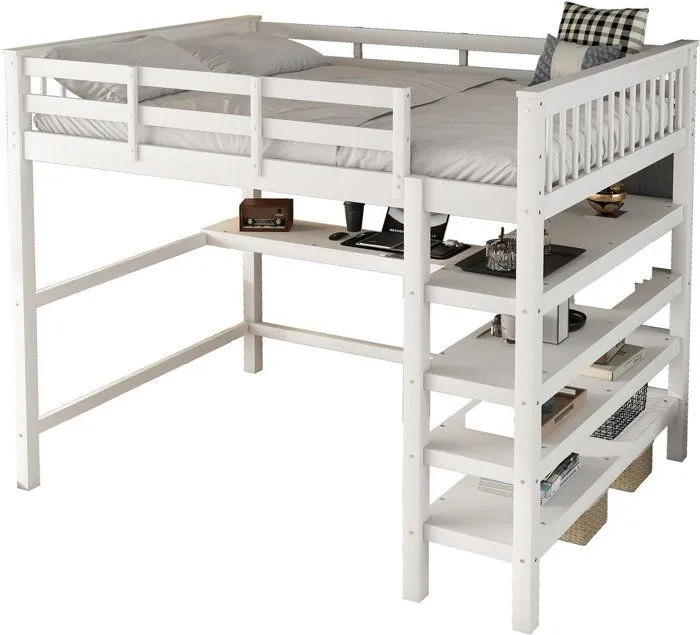 Lit mezzanine - Blanc - 140 x 200 cm - Bureau intégré - Structure en pin et MDF - 2 places-1