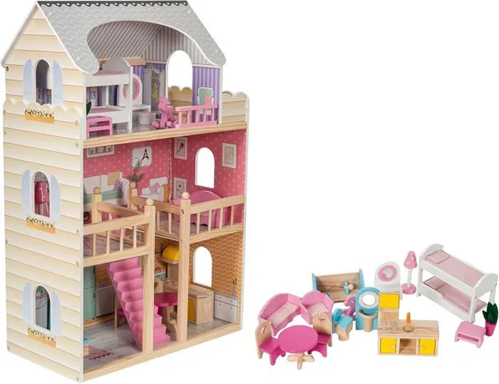 Mamabrum Maison de Poupées en Bois, 60 x 30 x 90 cm Éclairage LED 3 Étages Terrasse & Accessoires -Peinture écologique Normes CE-1