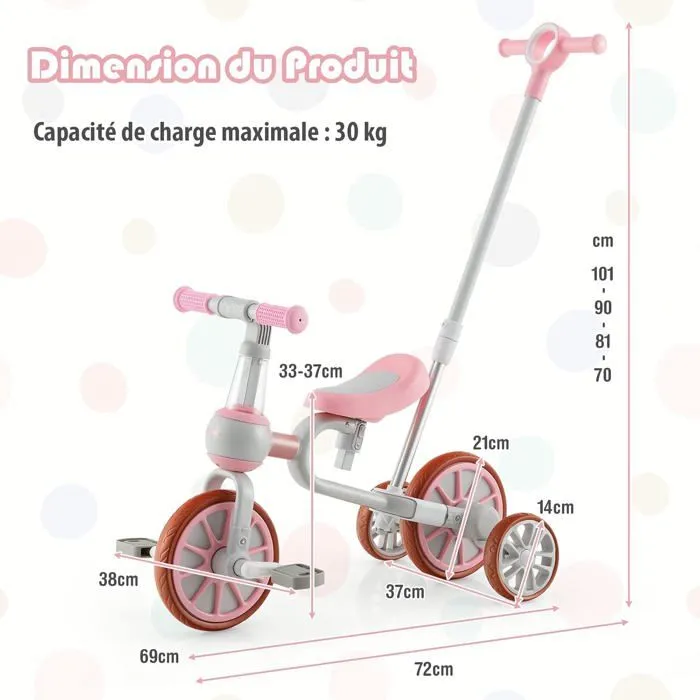 COSTWAY Tricycle Evolutif 5-en-1 avec Putter pour Enfants 2-4 Ans, Pédale et Roue Arrière Amovible, Siège et Poignée Réglables Rose-5