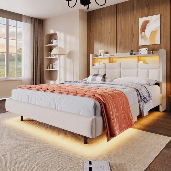 Lit double 140x200cm, étagère rabattable, tête de lit avec étagère, USB et lumières LED, sans matelas, beige-2