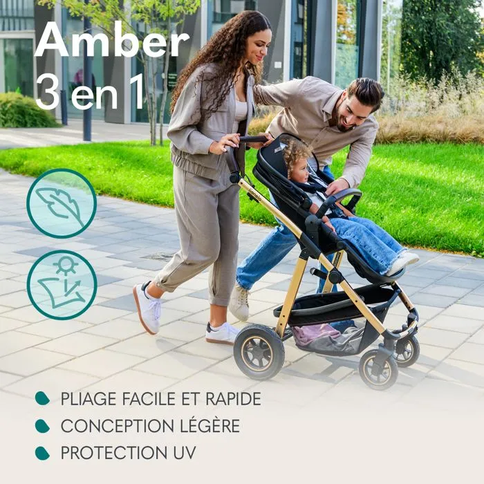 LIONELO Amber - Poussette bébé 3en1 - Jusqu'à 22Kg - Inclu nacelle, cosy, siège auto, sac et accessoires - iSize - Gris foncé-1