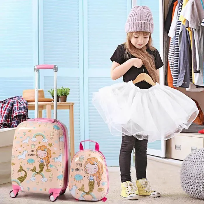Valise Enfant 18" et Sac à Dos 12" - COSTWAY - Dessin Sirène - 4 Roulettes - Poignée Réglable-0