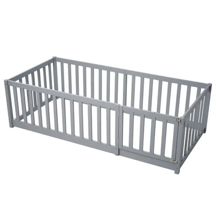 Lit évolutif bébé Lit d'enfant 90 x 200, fond en bois Cadre de lit avec barrière et porte, Gris-2