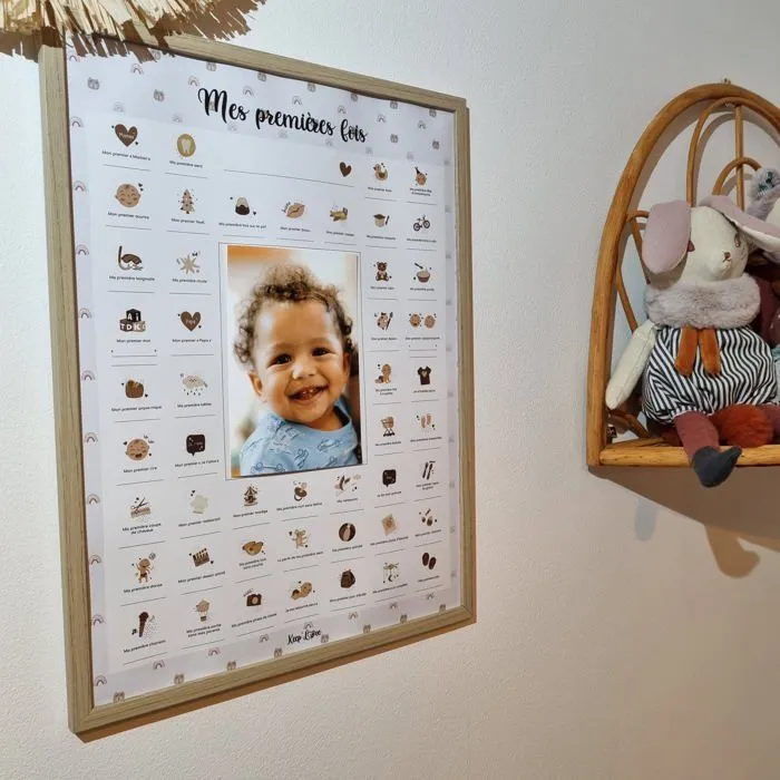 Affiche Mes Premières Fois à tamponner - Pack : Affiche A3 + Tampon dateur + Kit d’Empreintes + Cadre Photo Beige (Modèle Ourson)-2
