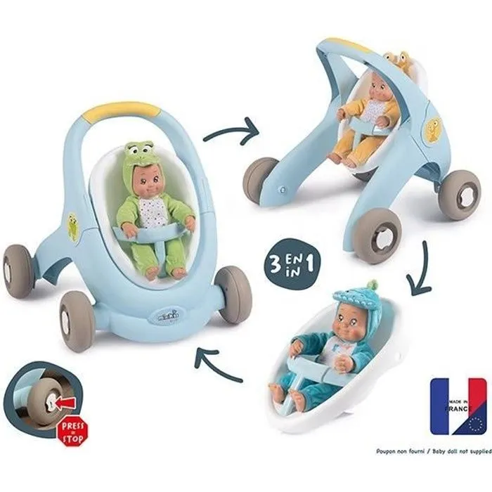 Smoby - MINIKISS BABY WALKER 3 EN 1 CROC - Aide à la marche, poussette et siège pour poupons - Mixte - Bleu-0