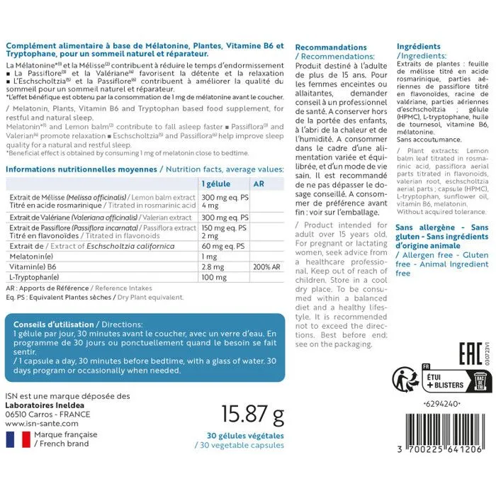 ISN - SOMNIL - Sommeil naturel & réparateur - Mélatonine + Complexe de plantes : Mélisse, Passiflore, Valériane, Eschscholtzia - Cur-1