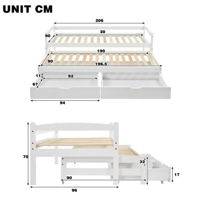 Lit enfant Fortuna Lai,90x200cm et 90x190cm,2 place,avec barrière de protection,avec tiroir,fille,garcon,cadre en bois massif,blanc-3