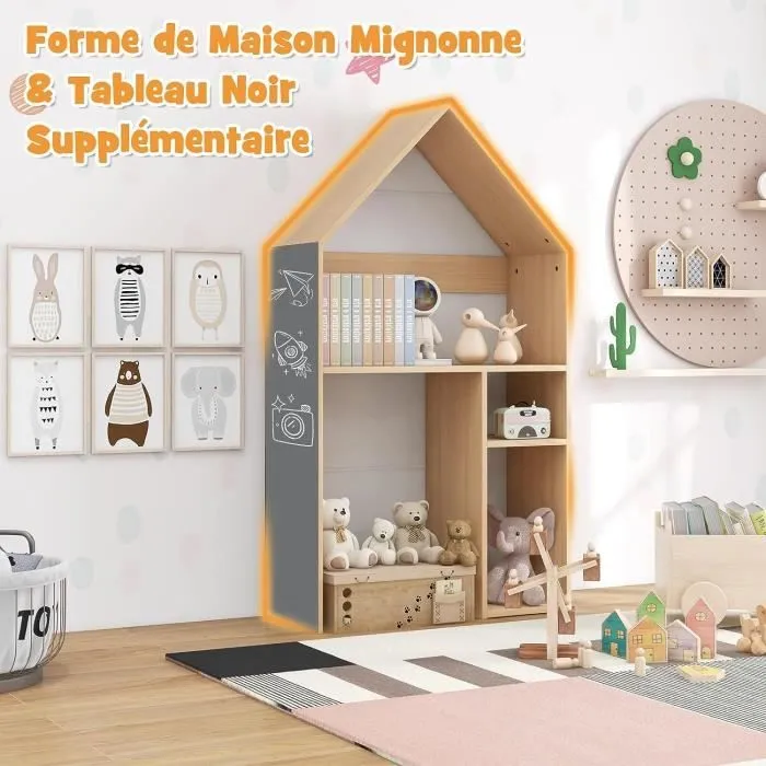 COSTWAY Table Cabane Enfants avec Chaise 2 en 1 Bibliothèque - Tableau Noir, Espace de Rangement, Dispositif Anti-Basculement-2