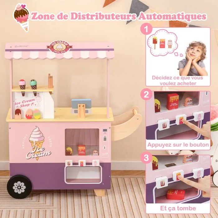 COSTWAY Chariot à Glaces Enfant Marchande Desserts 15 Accessoires, Caisse avec Écran et Scanner, Distributeur Automatique, Rose-3