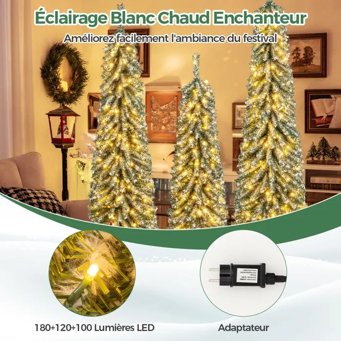 Lot de 3 Sapins de Noël Artificiels COSTWAY-120+150+180 cm-Support Pied-100+120+180 LED-Fausse Neige-216+302+505 Branches-Vert-1