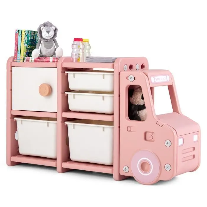 COSTWAY Meuble de Rangement Jouets pour Enfant - 2 bac, 2 tiroirs et 1 placard 110 x 32 x 66 (L x l x H) CM Rosé-0