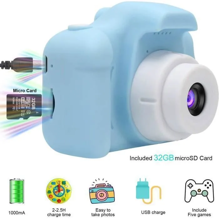 Appareil Photo pour Enfant, avec Carte TF 32 Go, Ecran à 2,0 Pouces HD, 8MP/1080P, Coque en Silicone Résistant aux Chocs, Bleu-3