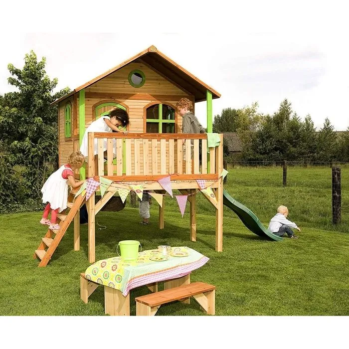 AXI Sophie Maison Enfant avec Toboggan vert | Aire de Jeux pour l'extérieur en marron & vert | Maisonnette-2