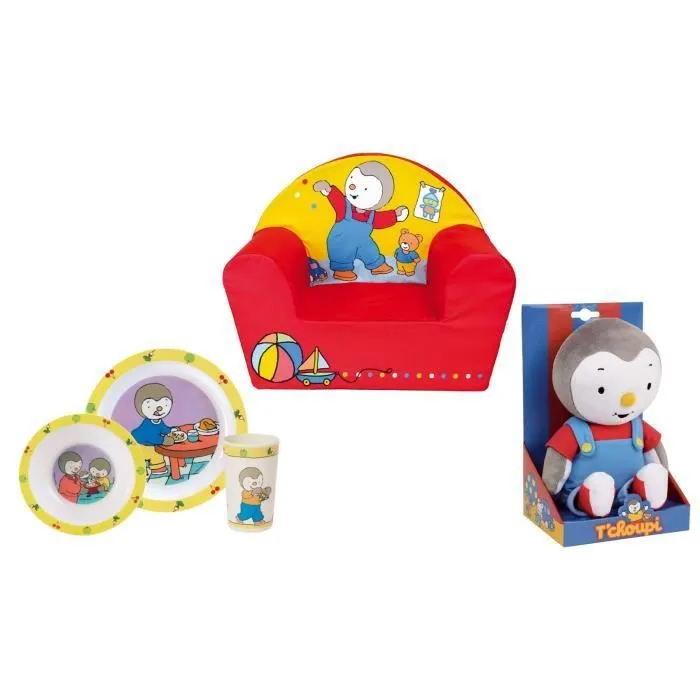 T'CHOUPI - Coffret Fauteuil club + ensemble repas (assiette, bol, verre) + Peluche 30 cm-0