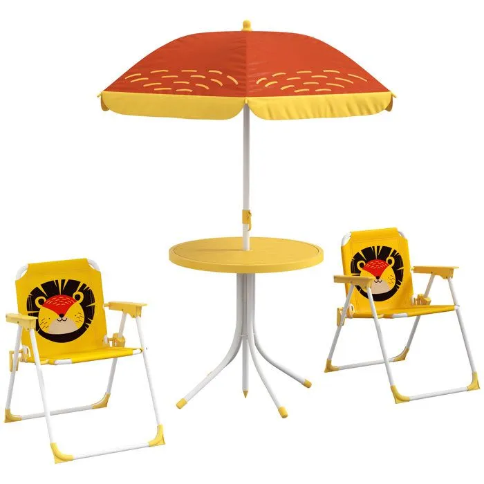 Ensemble salon de jardin enfant 4 pcs design lion - chaises pliables - métal polyester jaune rouge-0