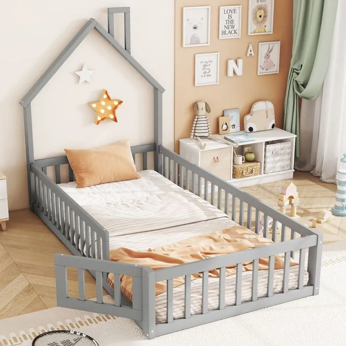 Lit enfant - Lit cabane - 90x200cm - Bois massif - Gris - Avec sommier à lattes-1