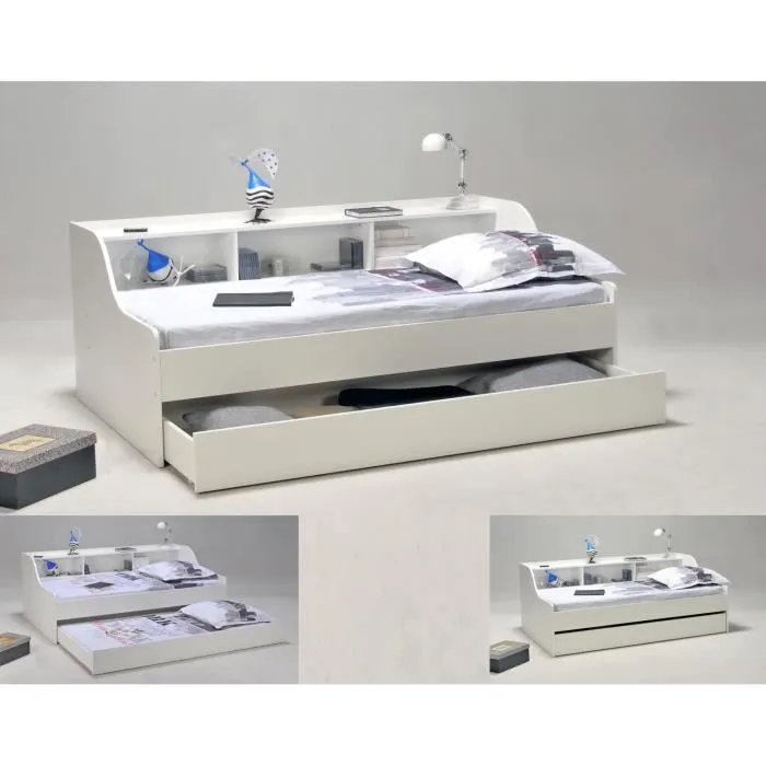 Lit enfant PALMA - WEBER INDUSTRIES - Contemporain - Mélaminé blanc - Avec tiroir lit et étagères intégrés-3