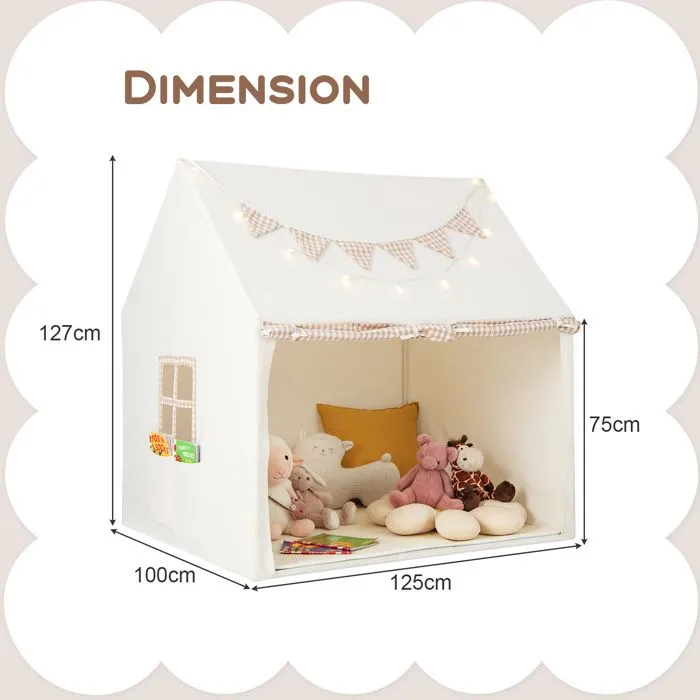 Tente de Jeu Enfants COSTWAY-Tapis Rembourré-Guirlandes Lumineuses Étoiles-Bannière de Fanions-pour 3-8 ans-125 x 100 x 127 cm-Beige-5