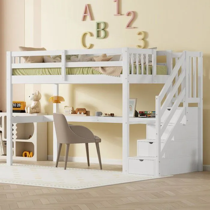 Lit mezzanine - Blanc - 90 x 200 cm - Avec bureau et tiroirs - 1 place - Montage facile-0