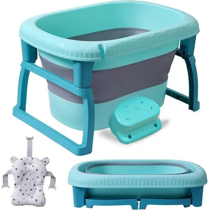 Grande baignoire pliable ultra compact kikido, baignoire enfant en plastique avec bouchon de vidange, pieds pliable-bleu-0