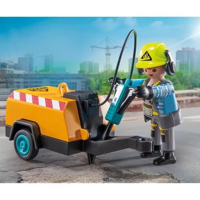 PLAYMOBIL 71752 Ouvrier marteau-piqueur et signalisation, Action Heroes, La construction, 14 pièces, Dès 4 ans-2