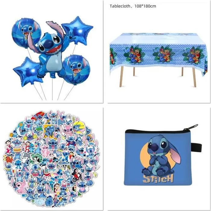 lot anniversaire fete stitch kawaii bleu nappe ballon stickers autocollant lilo pochette-0