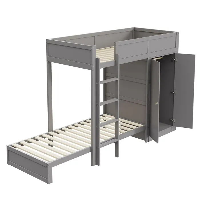 Lit superposé 90x200cm - Gris - Armoire intégrée - 2 places - Bois de pin - Escalier sécurisé-5
