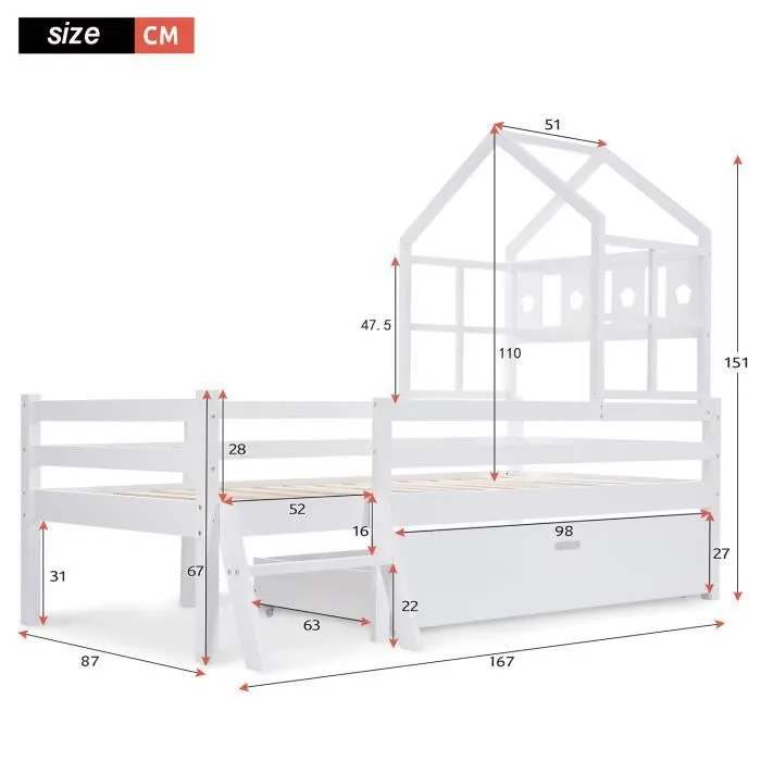 Lit cabane enfant 90x200cm avec échelle et tiroirs, bois massif, Blanc-3