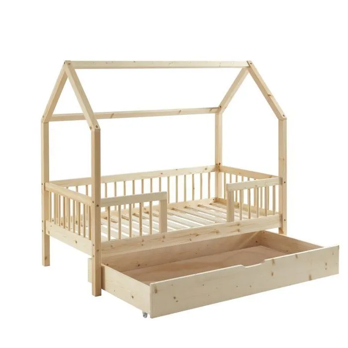 Lit cabane avec barrière et tiroir Safari Beige 70x140 - Laïba Kids-2