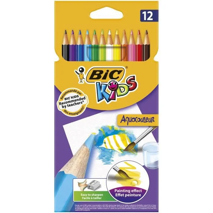 BIC Kids Aquacouleur Crayons de Couleur Aquarellables pour Effet Peinture - Coloris Assortis, Etui Carton de 12-0