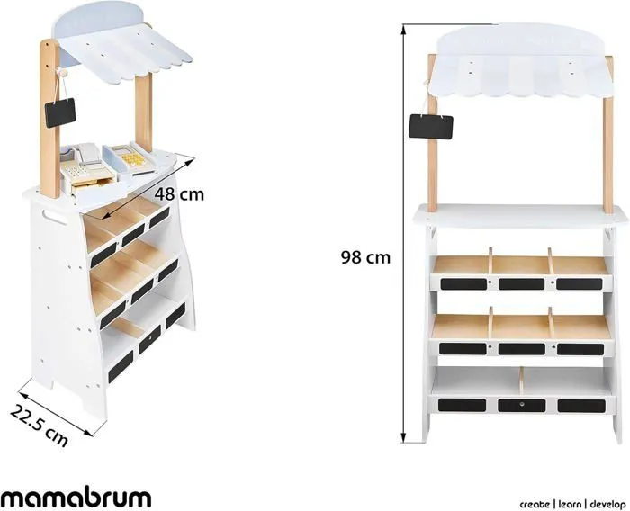 Mamabrum Marchande Enfant en Bois 48 *22,5 * 99 CM - Grand Stand Vendeur Caisse Enregistreuse, Monnaies, Terminal Paiement - Blanc-2