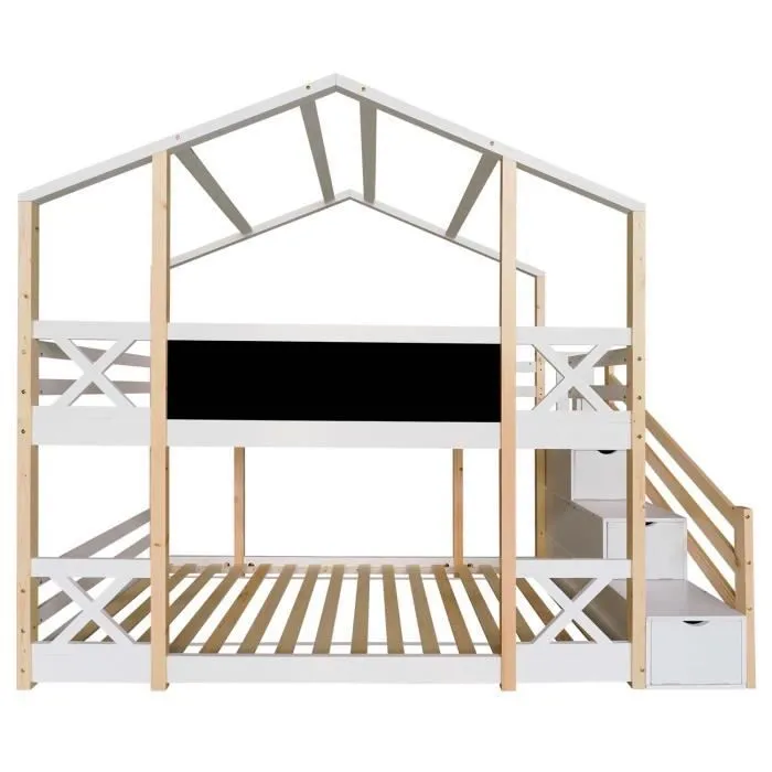 Lit superposé 90x200cm, lit cabane avec escalier de rangement et tableau noir, cadre en pin massif, naturel + blanc-2