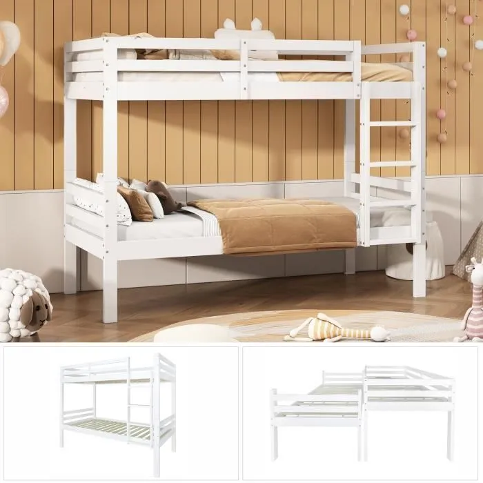 Lit superposé pour enfant, lit divisé en 2 lits simples, lit jeune, lit simple, blanc, 90x200cm-1