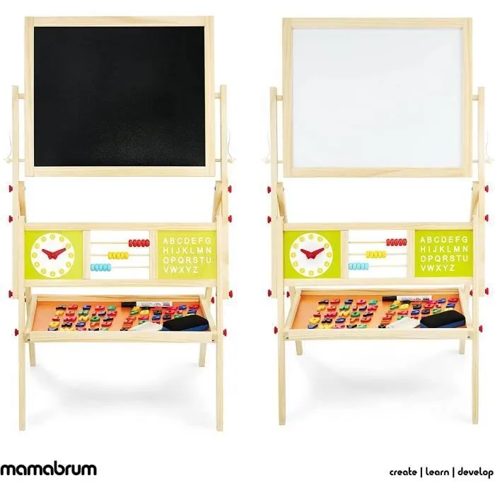 Mamabrum Tableau Enfant en Bois 98 x 45 x 42 cm Face Magnétique avec Marqueur + Tableau Noir à Craie - Horloge et Boulier - Chevalet-3