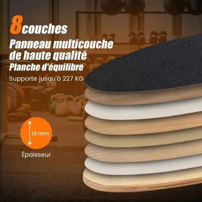 COSTWAY Planche d Équilibre en Bois avec Rouleau de Liège et Tapis Antidérapant Charge 227 KG Composé de 8 Couches de Bois Noir-2