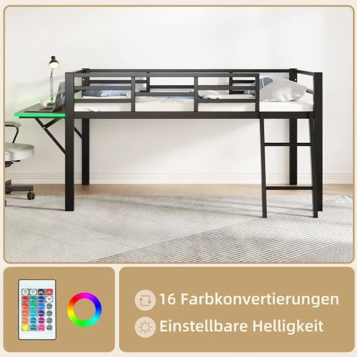 Lit mezzanine enfant - DREAMMESPACE - 90x200 cm - Métal Noir - Bureau pliable - LED télécommandé-2