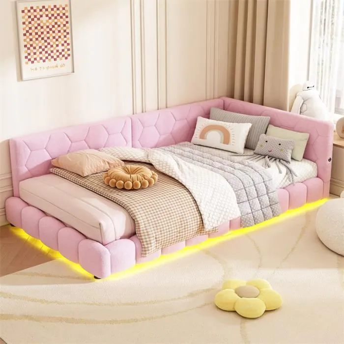 Canapé-lit - Non spécifié - 90x200 cm - LED avec port USB - Tissu peluche - Rose-0