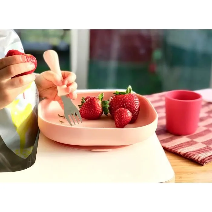 BÉABA - Set Vaisselle Silicone Repas Bébé - Ventouse - Anti-dérapant - 4 Pièces - Rose-2