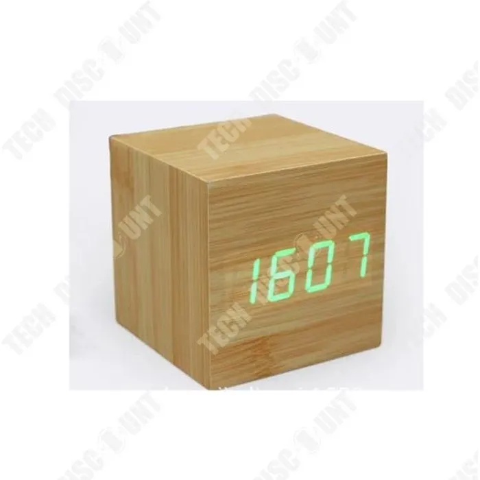 TD® réveil en bois cube numérique led horloge enfant matin lumineux de voyage digital petite thermometre gros chiffres design pas ch-0