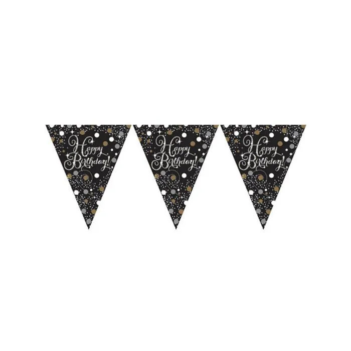 Guirlande fanion - Happy Birthday - Noir - 4m - Paillettes - Papier-0