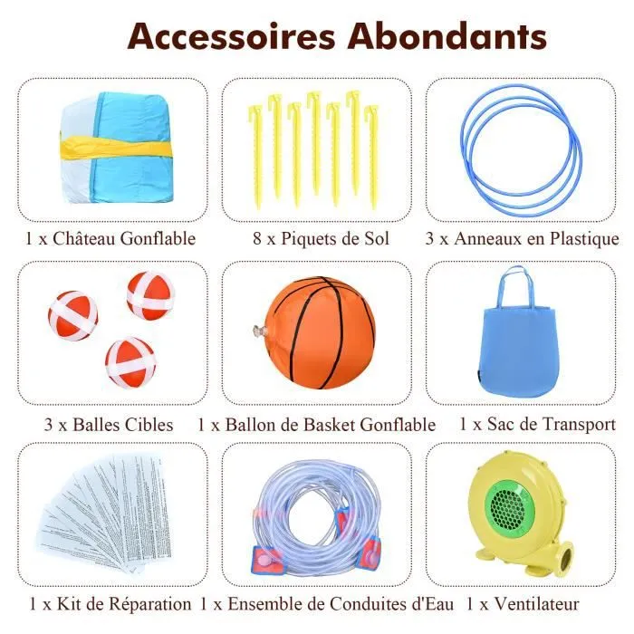 COSTWAY Aire de Jeux Gonflable avec Souffleur 680W Parc Aquatique Double Toboggans Panier de Basket, Lanceur de Points Balles Cibles-3