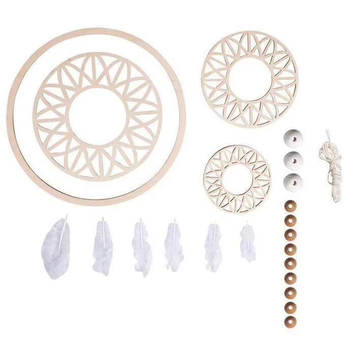 Kit attrape rêves grand format 74 cm - Disque bois ø 18 cm, perles, ficelle, plumes-0