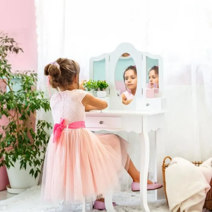 Coiffeuse pour Filles - Kinderplay - Grande avec Miroir et Tabouret - Blanc et Rose - Accessoires Inclus-2